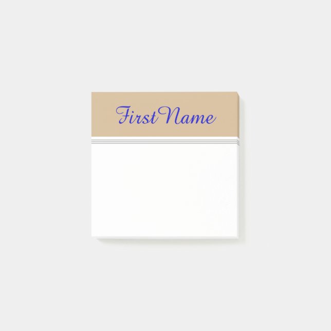 Tan Background w/ Blue Elegant Personalised Name Post-it Notes (Front)