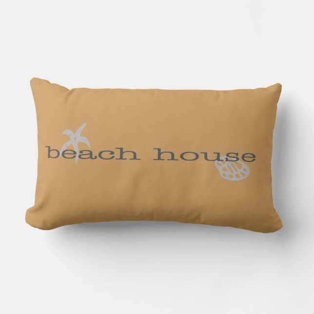 Tan Beach House Starfish Seashell Lumbar Cushion (Front)