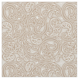 Tan Beige and White Paisley Boteh Pattern Fabric