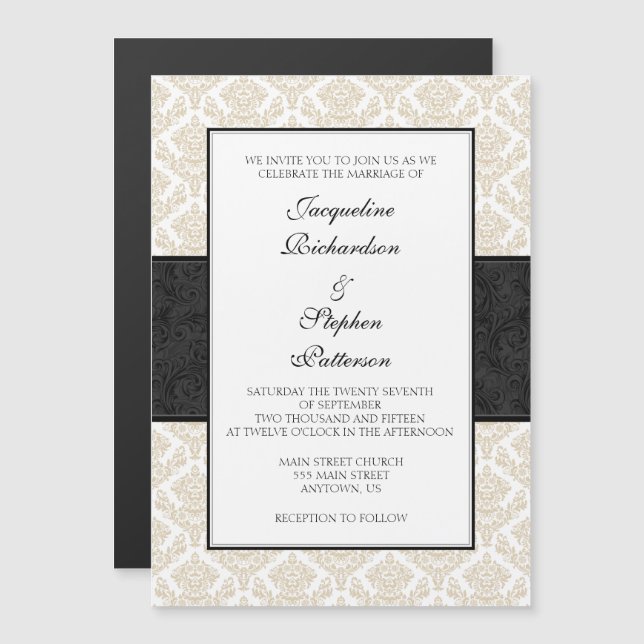 Tan Beige Black Damask Magnetic Wedding Invites (Front/Back)