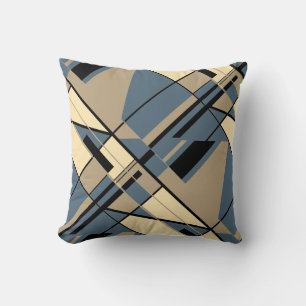 Tan Beige Black Slate Blue Diagonal Abstract Motif Cushion