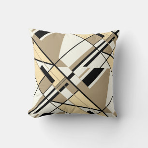 Tan, Beige, Black, White Diagonal Abstract Design Cushion