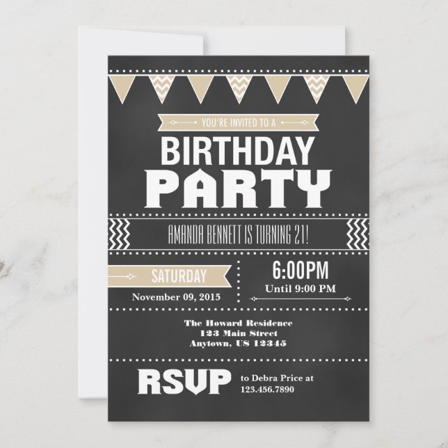 Tan Beige Chevron Chalkboard Birthday Invitation (Front)