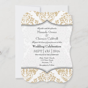 Tan Beige Grey Damask Bracket Wedding Invite