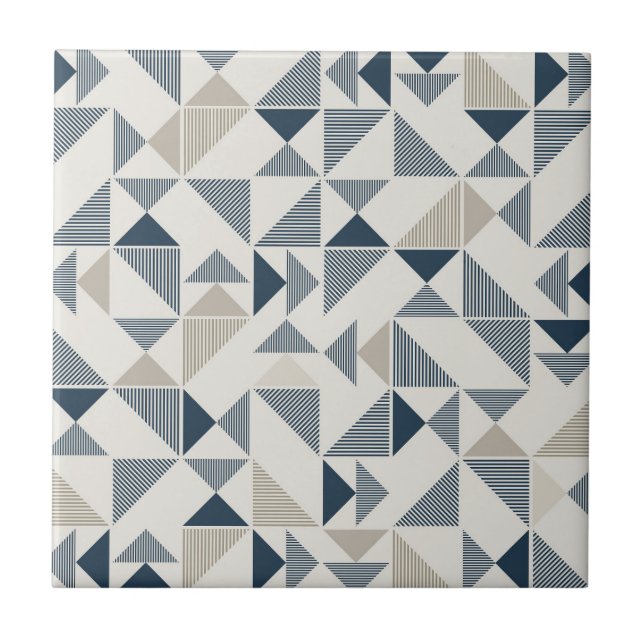 Tan Beige Navy Blue Square Triangle Elegant Ceramic Tile (Front)
