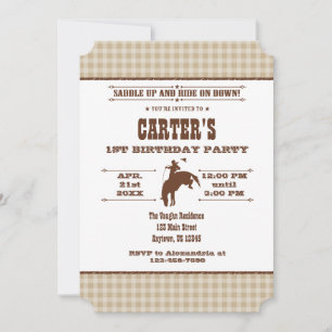 Tan Beige Plaid Cowboy Rodeo Birthday Invitation
