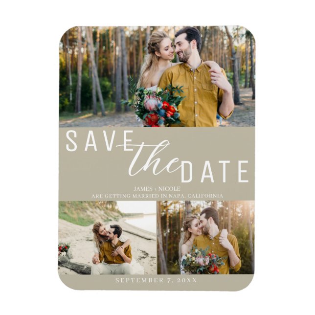 Tan Beige Save the Date Wedding 3 Photos Magnet (Vertical)