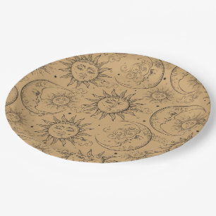 Tan Beige Vintage Celestial Sun Moon Stars Party Paper Plate