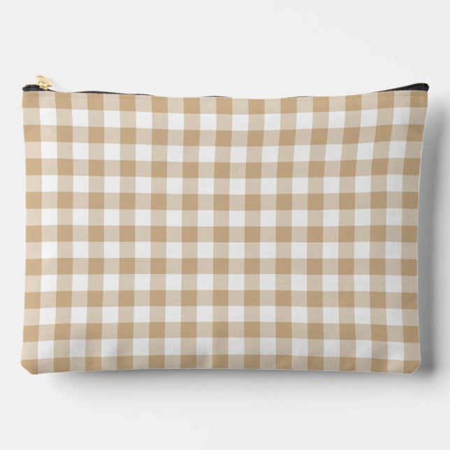 Tan Beige White Gingham Plaid Accessory Pouch (Front)