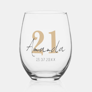 Tan Birthday Number   Black 3D Name Date Stemless Wine Glass