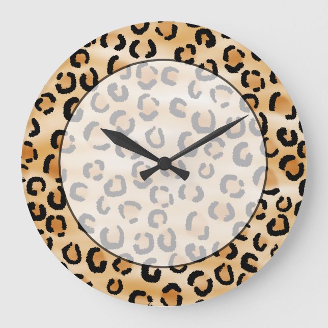 Tan, Black and Brown Leopard Print Pattern. Large Clock (Front)