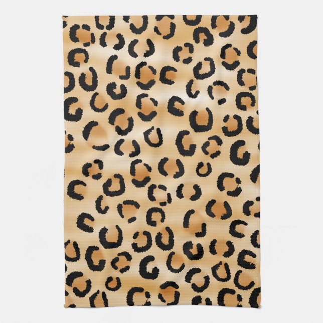 Tan, Black and Brown Leopard Print Pattern. Tea Towel (Vertical)