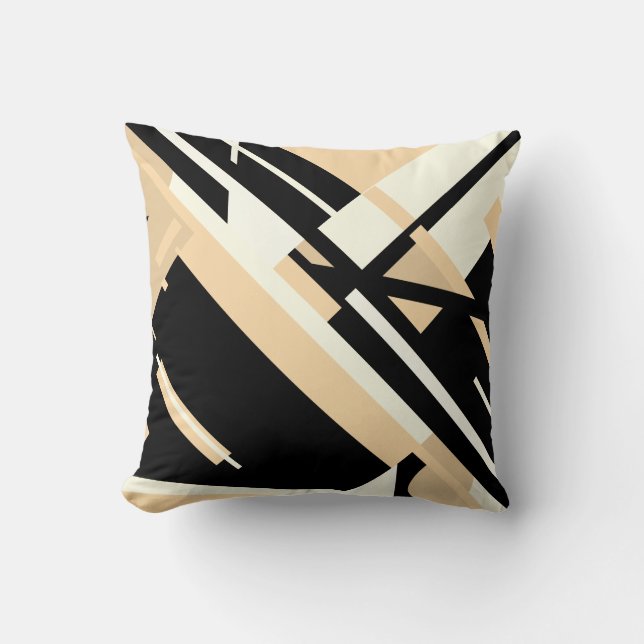 Tan Black Beige Diagonal Geometric Abstract Design Cushion (Front)