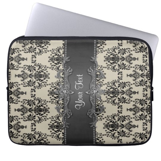 Tan Black Damask Personalised Laptop Sleeve