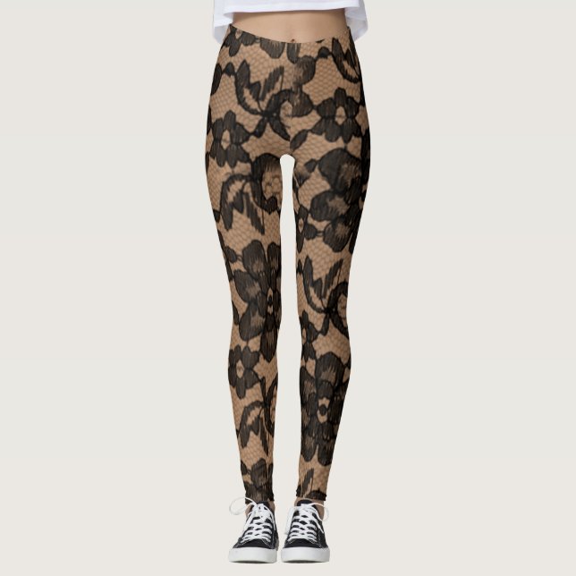 Tan & Black Elegant Faux Lace Spandex Leggings (Front)