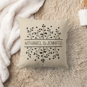 Tan & Black Floral Frame Monogram Wedding Cushion