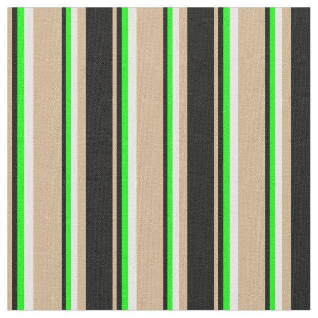 Tan, Black, Lime & Mint Cream Coloured Stripes Fabric (Close Up)