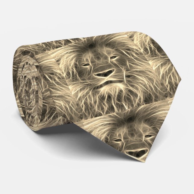 Tan/Black Lion Head Print on  Men's Necktie (Rolled)