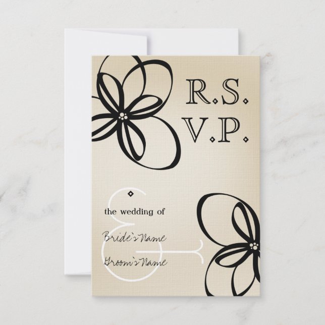 Tan & Black Modern Wedding RSVP With Flowers Card (Front)