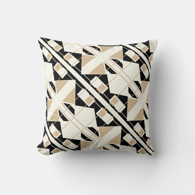 Tan Black Off-White Diagonal Tile Abstract Design Cushion (Front)
