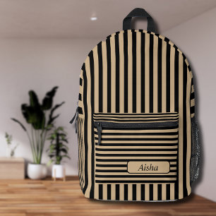 Tan Black Vintage Striped Name Printed Backpack