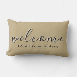 Tan & Black Welcome & Custom Address Script Lumbar Cushion