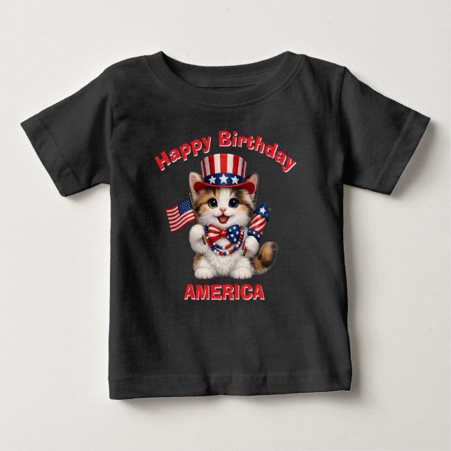 Tan, Black&White Kitten (1r) Patriotic Kid T-Shirt (Front)