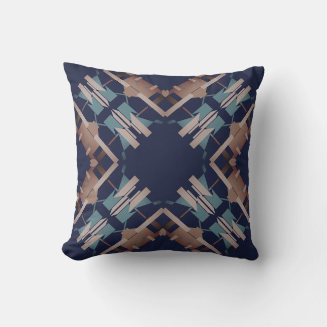 Tan Blue Pink Navy Southwest Look Crisscross Motif Cushion (Front)