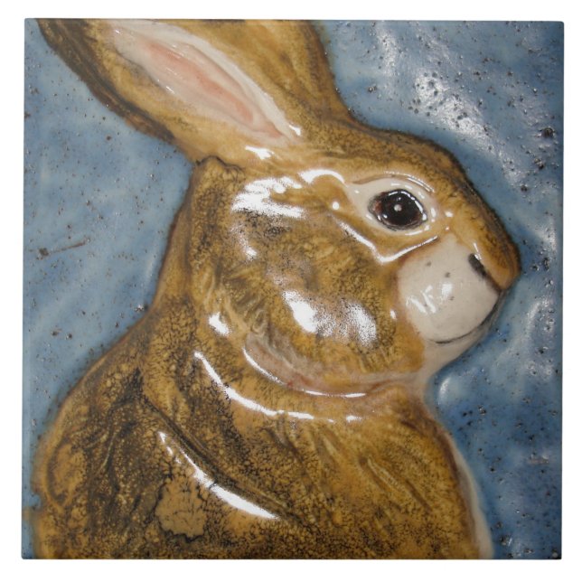 Tan Blue Rabbit Animal Nature Sculpted Look Decor Ceramic Tile (Front)