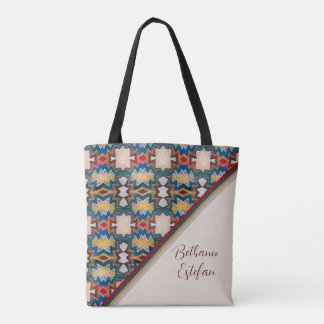 Tan, Blue, White & Red Tribal Inspired Shapes Tote