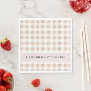 Tan Blush Cream Plaid Stripes Birthday Napkin