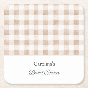 Tan Blush Cream Plaid Stripes Bridal Shower Square Paper Coaster