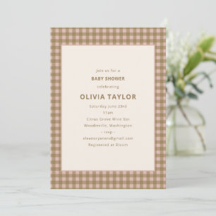 Tan Blush Pink Gingham Earthy Baby Shower Party Invitation
