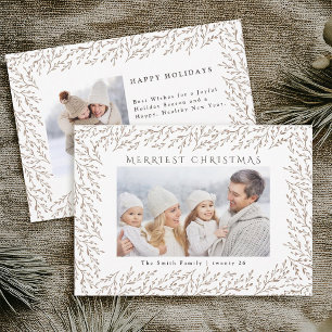 Tan Botanical Frame Merriest Christmas Photo Holiday Card