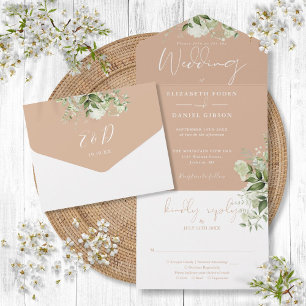 Tan Botanical Greenery Monogram Wedding All In One Invitation