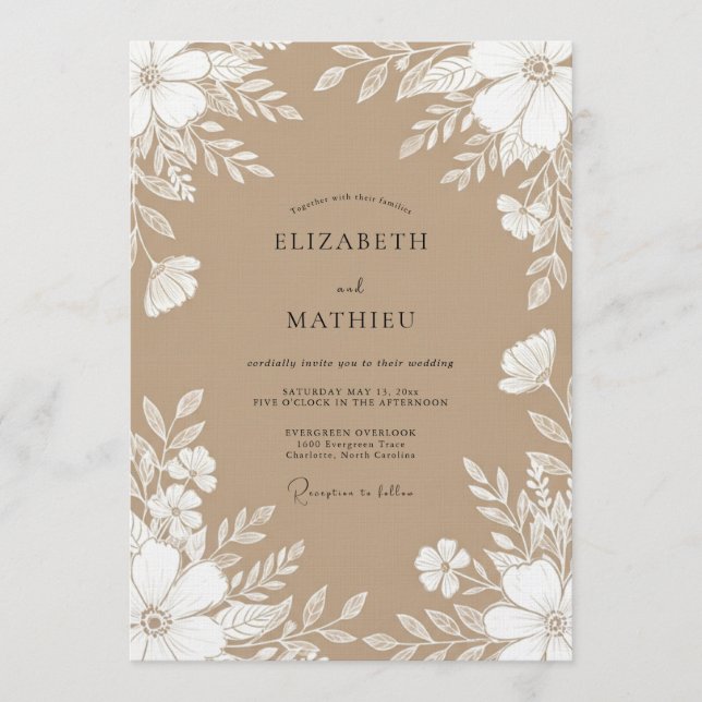 Tan Botanical Whimsy Wedding Invitation (Front)