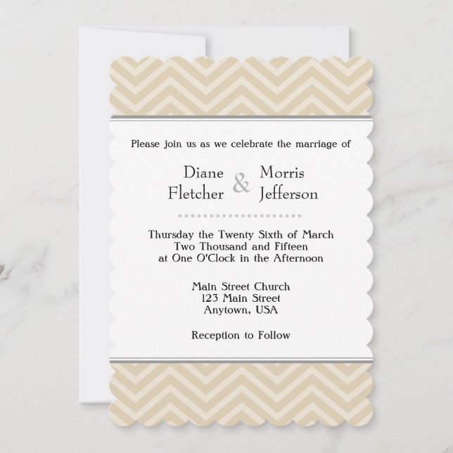 Tan Brown Beige Chevron Wedding Invitations (Front)