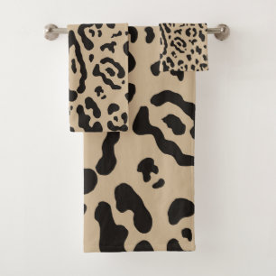 Tan Brown & Black Cheetah Leopard Animal Print Bath Towel Set