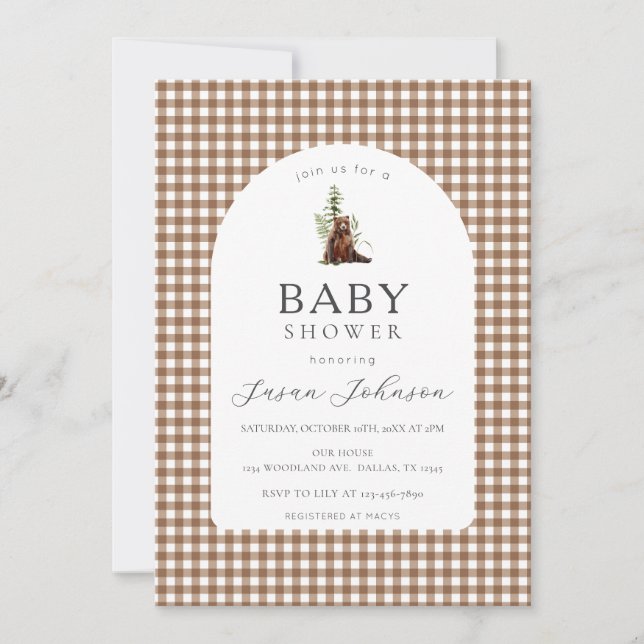 Tan Brown Check Plaid Gingham Boy Bear Baby Shower Invitation (Front)