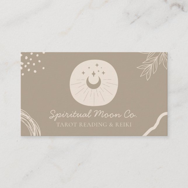 Tan Brown Earth Tone Moon Stars Spiritual Business Card (Front)
