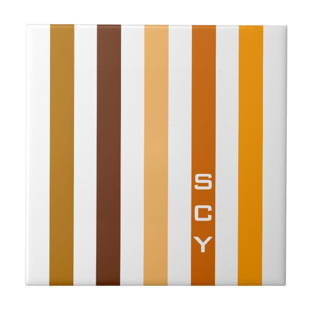 Tan Brown Orange Vertical Stripes Monogram Ceramic Tile (Front)