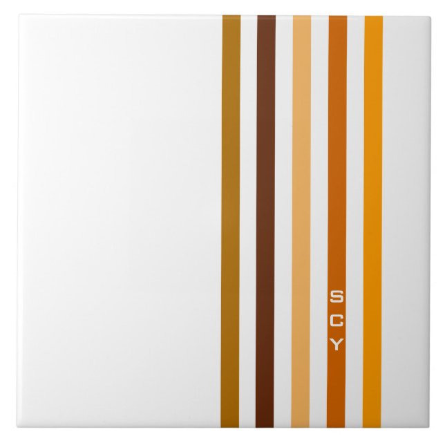 Tan Brown Orange Vertical Stripes Monogram Ceramic Tile (Front)