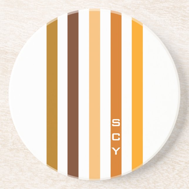 Tan Brown Orange Vertical Stripes Monogram Coaster (Front)