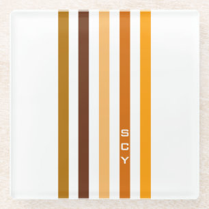 Tan Brown Orange Vertical Stripes Monogram Glass Coaster