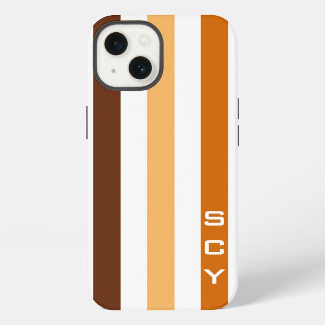 Tan Brown Orange Vertical Stripes Monogram iPhone Case (Back)