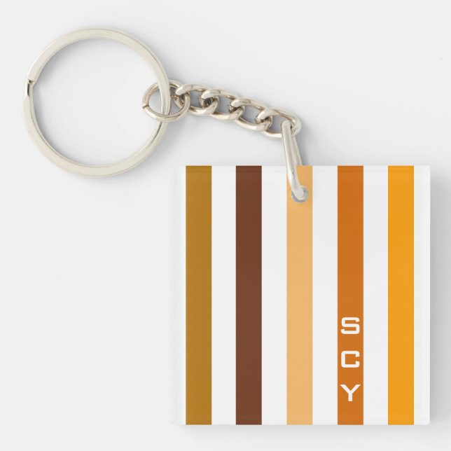 Tan Brown Orange Vertical Stripes Monogram Key Ring (Front)