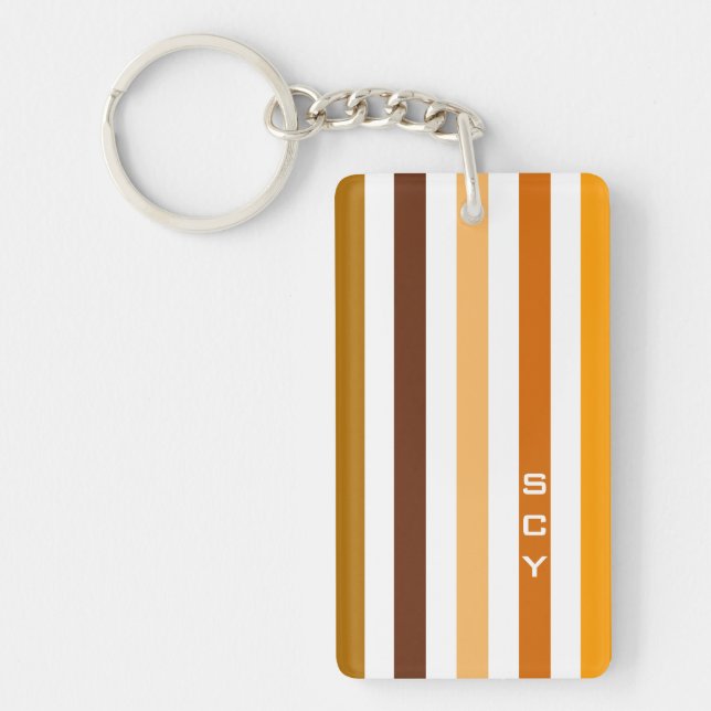 Tan Brown Orange Vertical Stripes Monogram Key Ring (Front)