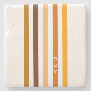 Tan Brown Orange Vertical Stripes Monogram Stone Coaster