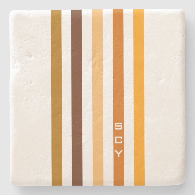 Tan Brown Orange Vertical Stripes Monogram Stone Coaster (Front)
