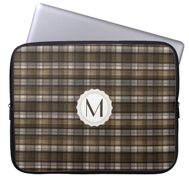 Tan & Brown Plaid Personalised Monogram Laptop Sleeve (Front)